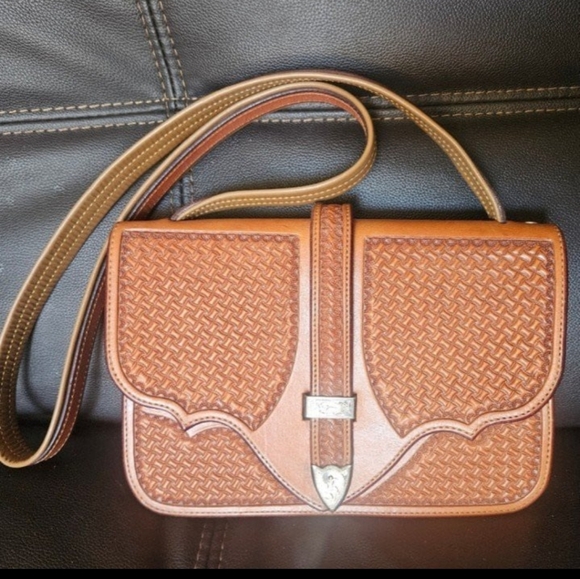 Custom Hand Tooled Tackery Crossbody Basket Weave Saddlery Bag Cowhide Purse - Picture 1 of 12